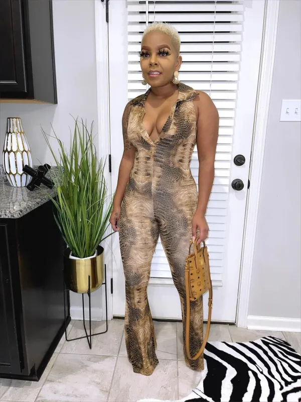 SC Snake Skin Print Deep V Sleeveless Sexy Jumpsuit HMS-5524