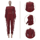 SC Solid Knitted Tassel Long Sleeve Sweater Pants Sets TR-1186