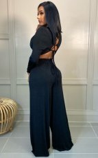 Black Backless Long Sleeve Top Wide Leg Pants 2 Piece Sets LSL-6484