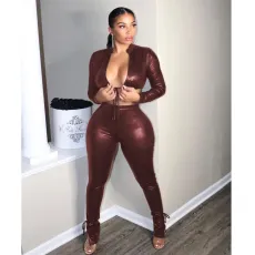 SC PU Leather Long Sleeve Sexy 2 Piece Pants Set BN-9311