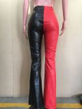 SC PU Leather Contrast Color Flared Pants ORY-5217