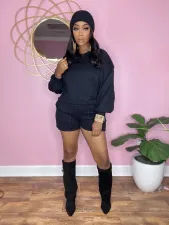 SC Solid Long Sleeve Top And Shorts Two Piece Sets MEM-88409