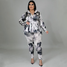 SC Plus Size Casual Printed Shirt Top And Pants 2 Piece Sets NNWF-7395