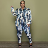 SC Plus Size Casual Printed Shirt Top And Pants 2 Piece Sets NNWF-7395