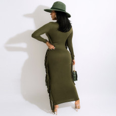 Solid Tassel Long Sleeve Maxi Dress (Without Belt) MA-Y461