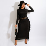 SC Solid Tassel Long Sleeve Maxi Dress (Without Belt) MA-Y461