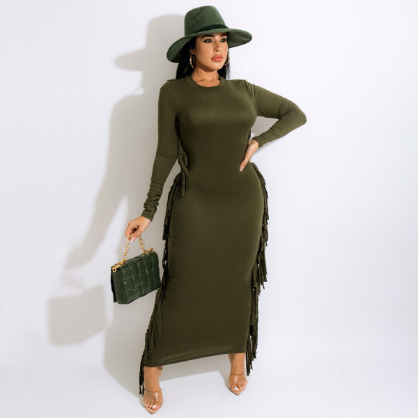 SC Solid Tassel Long Sleeve Maxi Dress (Without Belt) MA-Y461