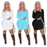 SC Solid Sexy Long Sleeve Drawstring Top Mini Skirt 2 Piece Sets YUF-9093