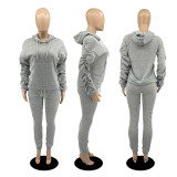SC Solid Fleece Ruched Sleeve Hoodies Casual 2 Piece Sets DDF-88143