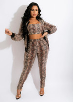 SC Snake Skin Print Zipper Coat+Tube Top+Pants 3 Piece Sets SHD-9356