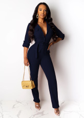 Solid Long Sleeve Buttons Belted Jumpsuit BS-1300