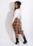 SC Casual Long Sleeve Top+Plaid Sling Jumpsuit 2 Piece Sets OLYF-96084