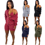 SC Solid Knitted Full Sleeve Coat+Bra Top+Shorts 3 Piece Sets BLX-8234
