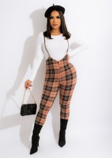 SC Casual Long Sleeve Top+Plaid Sling Jumpsuit 2 Piece Sets OLYF-96084