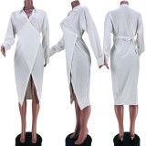 SC White Long Sleeve Sashes Shirt Dress JZHF-8078