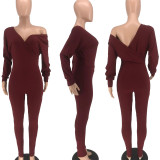 SC Solid Sexy Ribbed V Neck Long Sleeve Jumpsuit HTF-6080