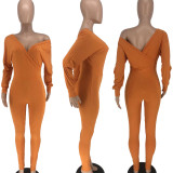 SC Solid Sexy Ribbed V Neck Long Sleeve Jumpsuit HTF-6080