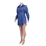 SC Blue Long Sleeve Slim-Waist Shirt Dress JZHF-8006