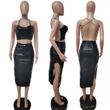 SC Black PU Leather Chain Top Split Midi Skirt 2 Piece Sets LSD-81087