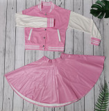 SC Trendy Baseball Jacket+PU Pleated Mini Skirt 2 Piece Sets WY-6875