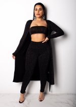 SC Black Long Cloak+Tube Top+Pants 3 Piece Sets OSM-4522