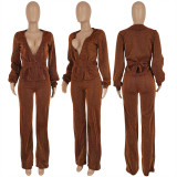 SC Sexy V Neck Long Sleeve Sashes Top And Pants 2 Piece Sets FENF-204