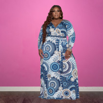 SC Plus Size Printed V Neck Long Sleeve Maxi Dress OSIF-21383