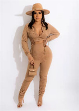 Solid Long Sleeve Drawstring Ruched Two Piece Sets FENF-203