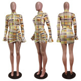 SC Plaid Print Zipper Coat+Bra Top+Mini Skirt 3 Piece Sets WY-6870