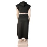 SC Plus Size Solid Fleece Hooded Top Split Long Skirt 2 Piece Sets WAF-77385