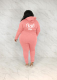 SC Plus Size Pink Letter Print Hooded Zipper 2 Piece Sets WAF-77391