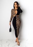 SC Leopard Patchwork Hollow Out Long Sleeve Midi Dress PIN-8636