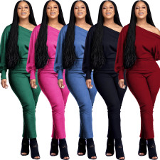 SC Plus Size Solid Off Shoulder Long Sleeve Jumpsuit OMY-80083