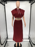 SC Plus Size Solid Fleece Hooded Top Split Long Skirt 2 Piece Sets WAF-77385