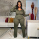 SC Plus Size Solid V Neck Long Sleeve Jumpsuit NNWF-7399