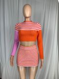SC Knitted Striped Long Sleeve Mini Skirt 2 Piece Sets CL-6119