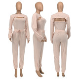 SC Solid Long Sleeve Crop Top+Camisole+Pants 3 Piece Sets GLF-10078