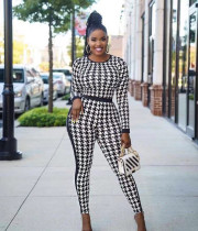 SC Houndstooth Print Long Sleeve Two Piece Pants Set SLF-7024