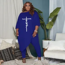 SC Plus Size Letter Print Irregular Long Top And Pants Sets HNIF-010
