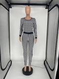 SC Houndstooth Print Long Sleeve Two Piece Pants Set SLF-7024
