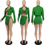 SC Solid Long Sleeve Coat+Bra Top+Split Mini Skirt 3 Piece Sets ZDF-31179
