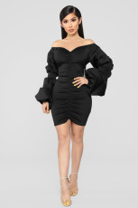 SC Black Sexy Off Shoulder Puff Sleeve Ruched Mini Dress LSL-6207