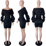 SC Black Sexy Off Shoulder Puff Sleeve Ruched Mini Dress LSL-6207
