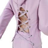 SC Solid Lace Up Hollow Hoodies And Pants 2 Piece Sets GZYF-8061