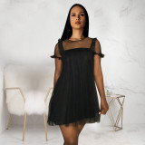 SC Black Mesh Short Sleeve Mini Dress TE-4361