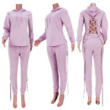SC Solid Lace Up Hollow Hoodies And Pants 2 Piece Sets GZYF-8061