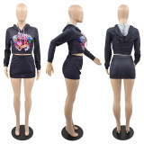 SC Lip Print Hoodie Top Mini Skirt Two Piece Sets YUF-9086