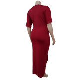 SC Plus Size V Neck Irregular Short Sleeve Maxi Dress NNWF-7420