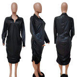 SC Plus Size Black PU Leather Long Sleeve Midi Dress LSD-81033