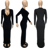 SC Solid Ribbed Long Sleeve Bodycon Maxi Dress MN-9322